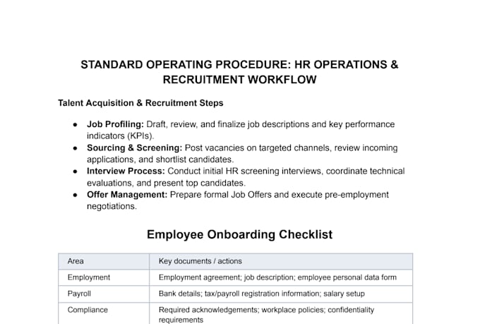provide full HR ops, documents, policies, recruitment, and work permits